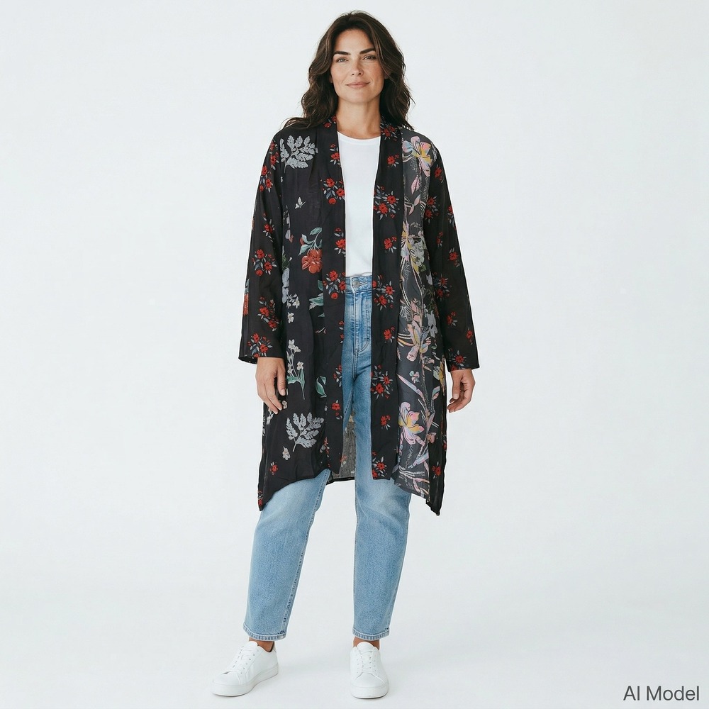 Sacred Threads Kimono Cardigan Women XXL Black Floral Open Front Lightweight